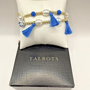 NWT Talbots Blue White Bead Goldtone Tassel Stretch Bracelet